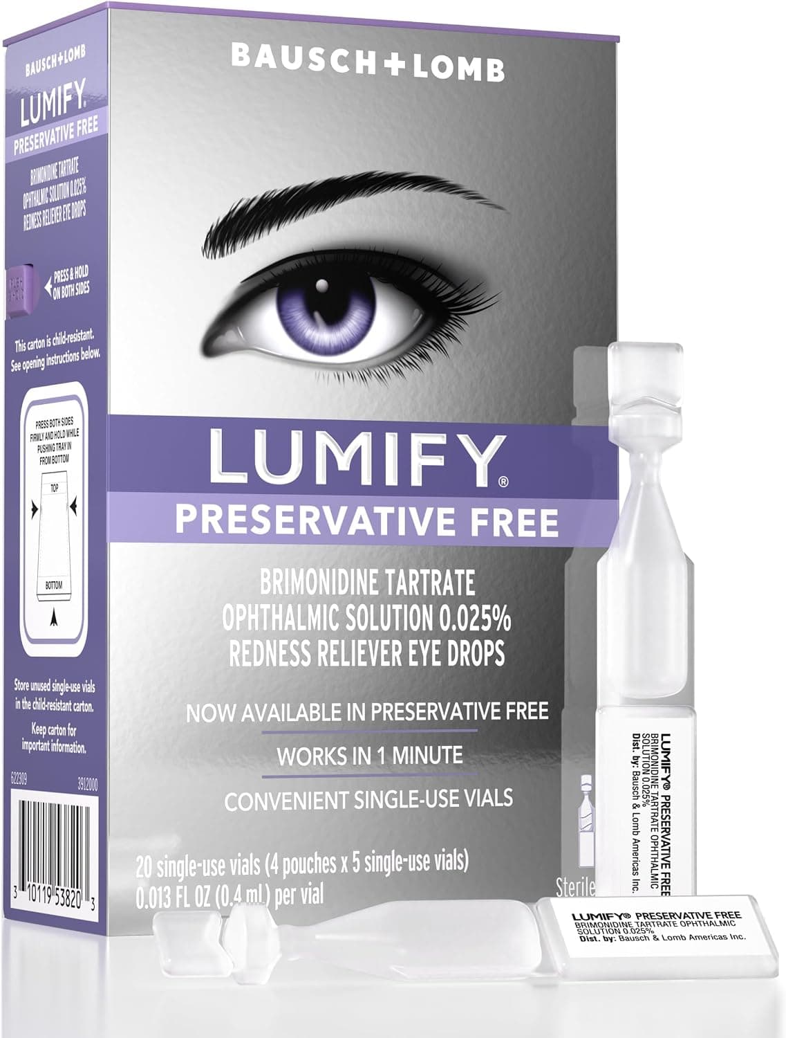 LUMIFY Preservative Free Eye Drops for Red Eyes, 20 Single-Use Vials